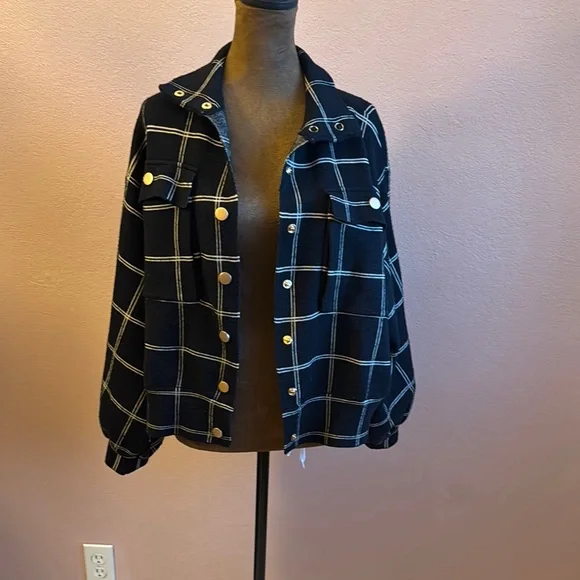 Black and White Bomber Jacket with Windowpane Pattern - Picture 4 of 7